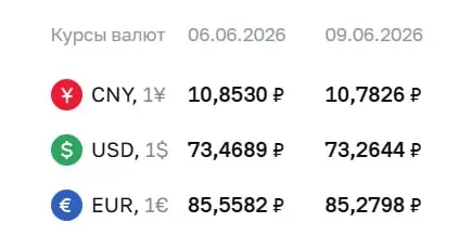 Официальный курс ЦБ на 9 июня: доллар — 73,26 ₽, евро — 85,28 ₽, юань — 10,78 ₽. По этим курсам проходят расчёты по ряду финансовых инструментов.