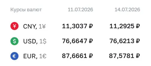 Официальный курс Центробанка на 14 июля: доллар — 76,62 ₽ (‑0,04), евро — 87,58 ₽ (‑0,09), юань — 11,29 ₽ (‑0,01). По курсу ЦБ проводятся расчёты по облигациям и фьючерсам.
